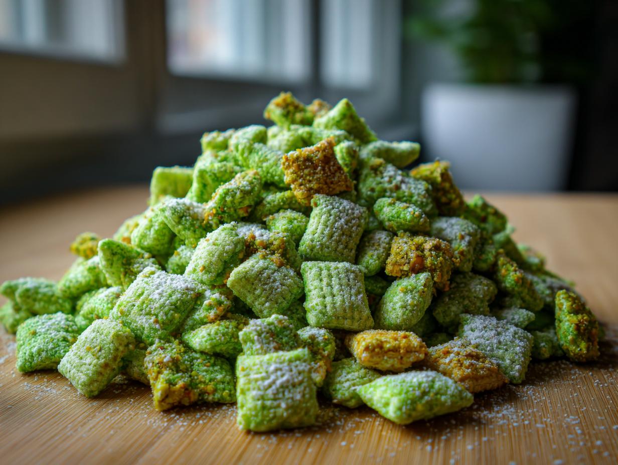 A large mound of bright green pistachio puppy chow coated in powdered sugar sits on a wooden surface.