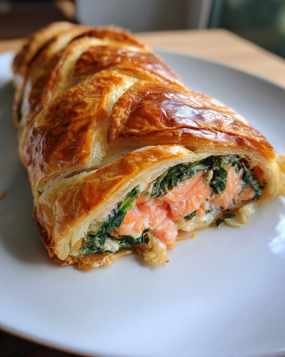 A close-up of a slice of salmon wellington showing flaky pastry, pink salmon, and green spinach filling.