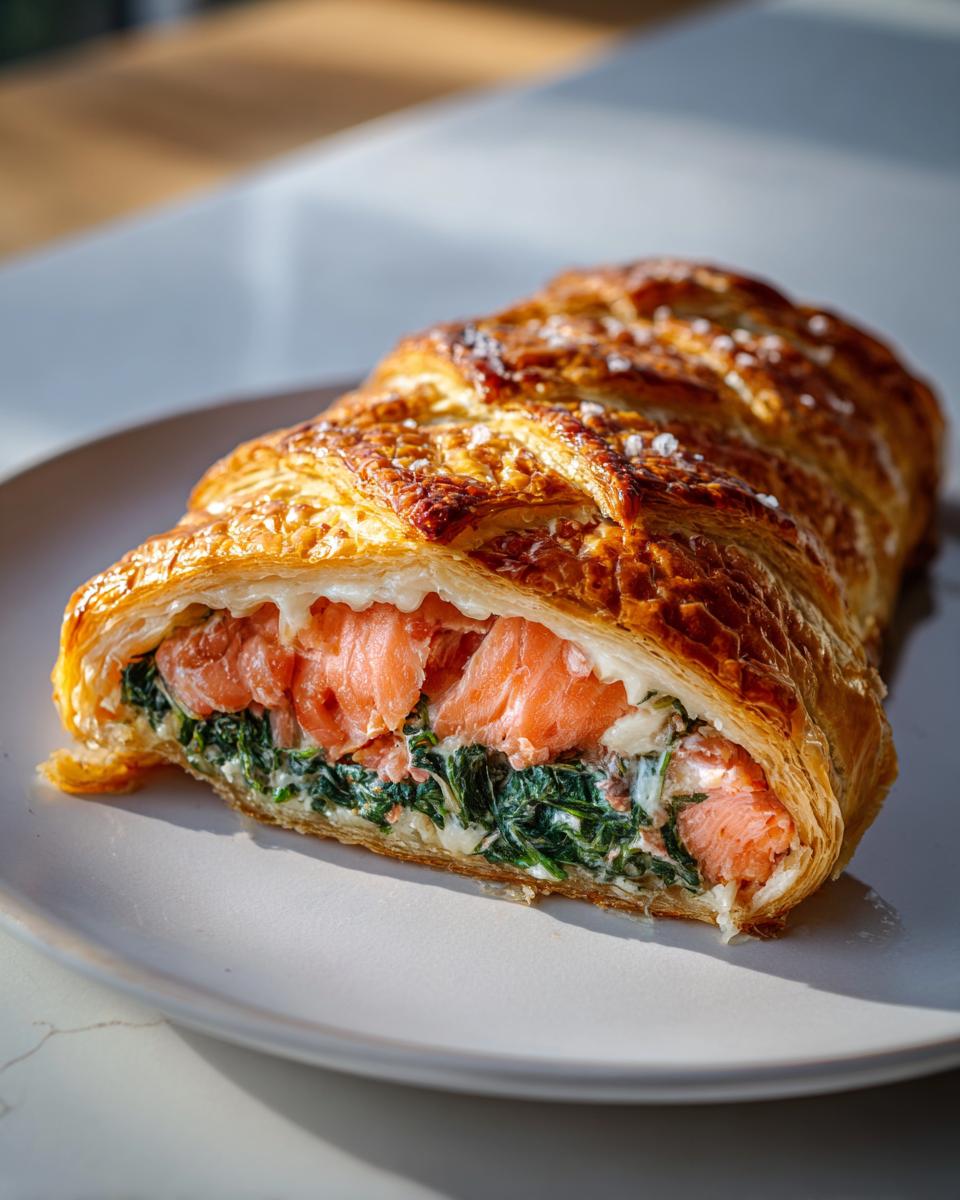 A cross-section slice of salmon wellington showing flaky pastry, pink salmon, and creamy spinach filling.