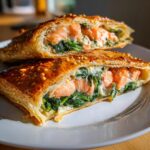 A close-up of a salmon wellington cut in half, showing flaky pastry, pink salmon, and green spinach filling.