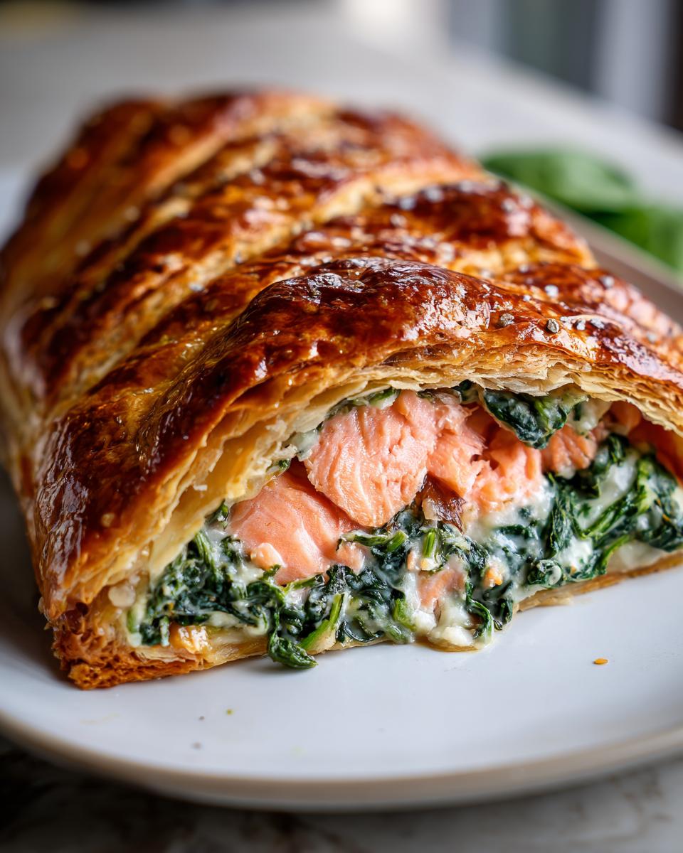 Close-up of a slice of salmon wellington showing flaky pastry, pink salmon, and creamy spinach filling.