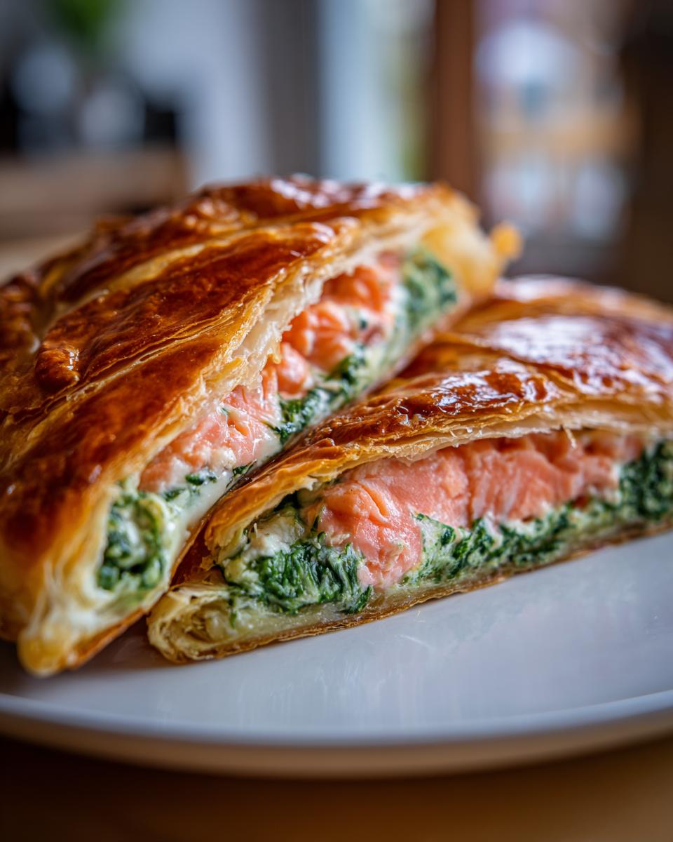 Close-up of a slice of salmon wellington showing flaky pastry, pink salmon, and creamy spinach filling.