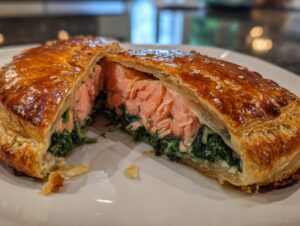 A close-up of a slice of salmon wellington showing flaky pastry, pink salmon, and green spinach filling.