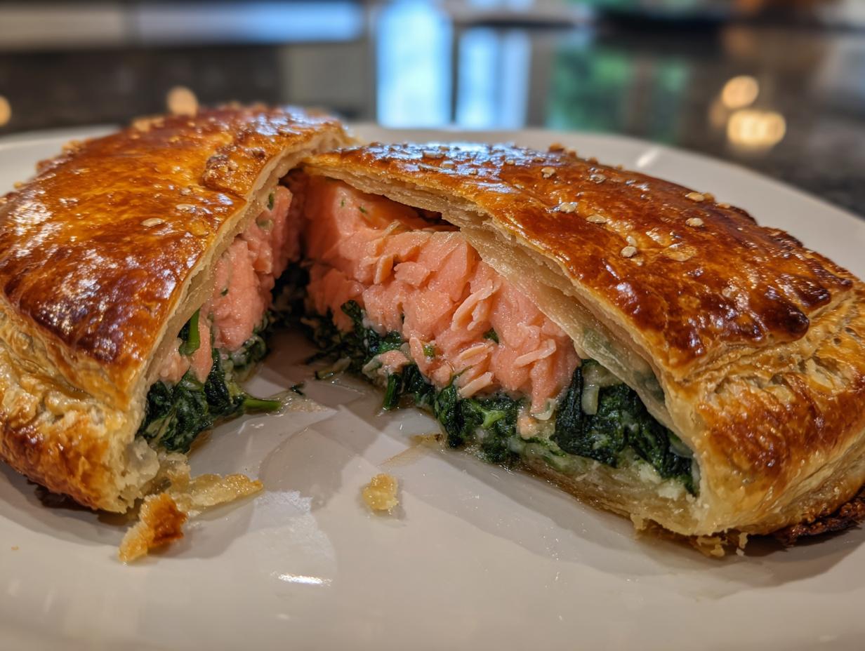 A close-up of a slice of salmon wellington showing flaky pastry, pink salmon, and green spinach filling.