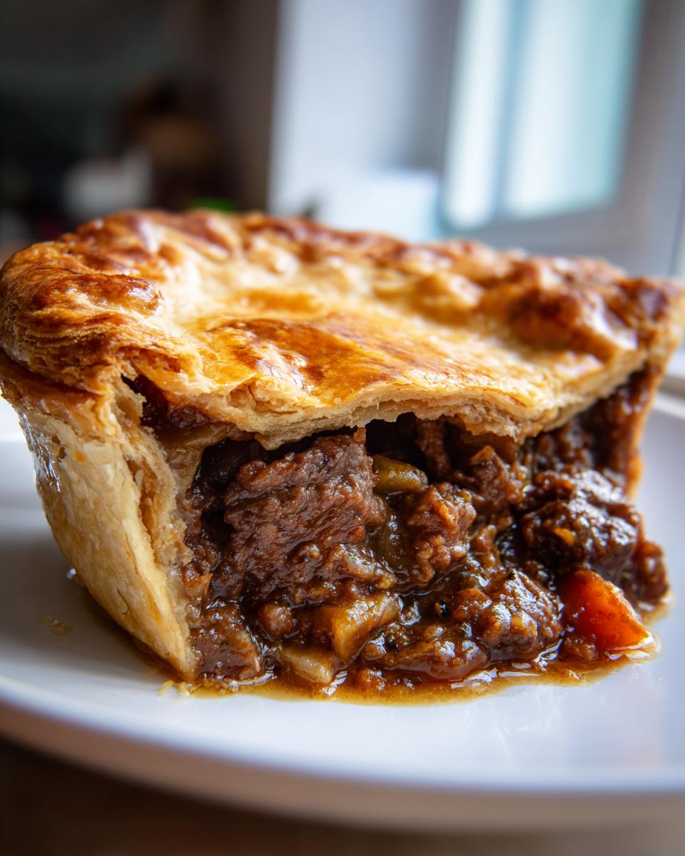 A close-up view of a slice of rich, savory meat pie showing flaky golden crust and hearty beef filling.