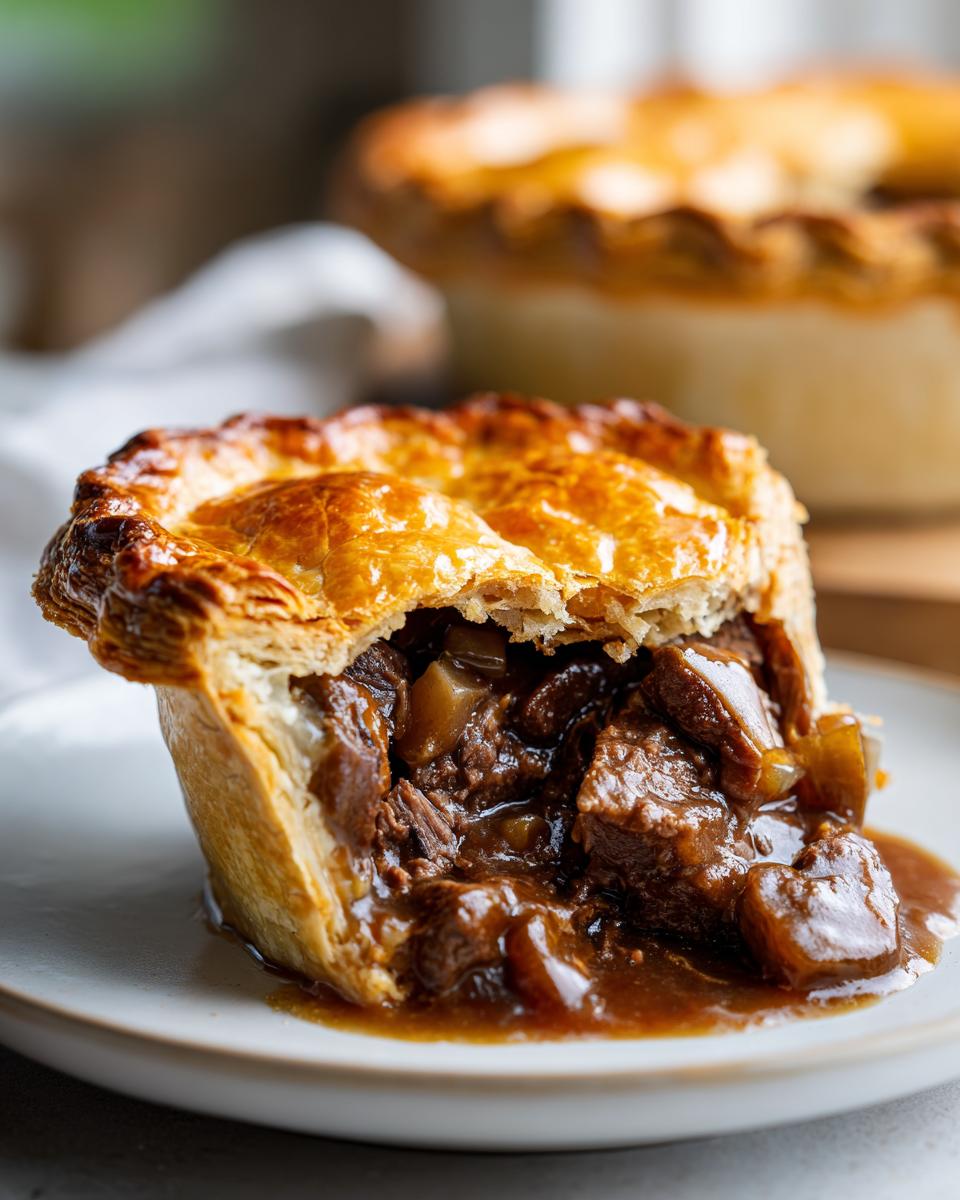 A single serving savory meat pie, cut open to show rich beef filling and a golden, flaky pastry crust.
