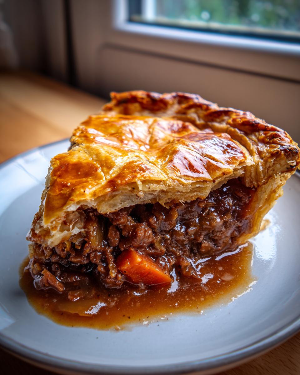 Close-up of a slice of rich meat pie showing flaky golden crust and savory filling with gravy.