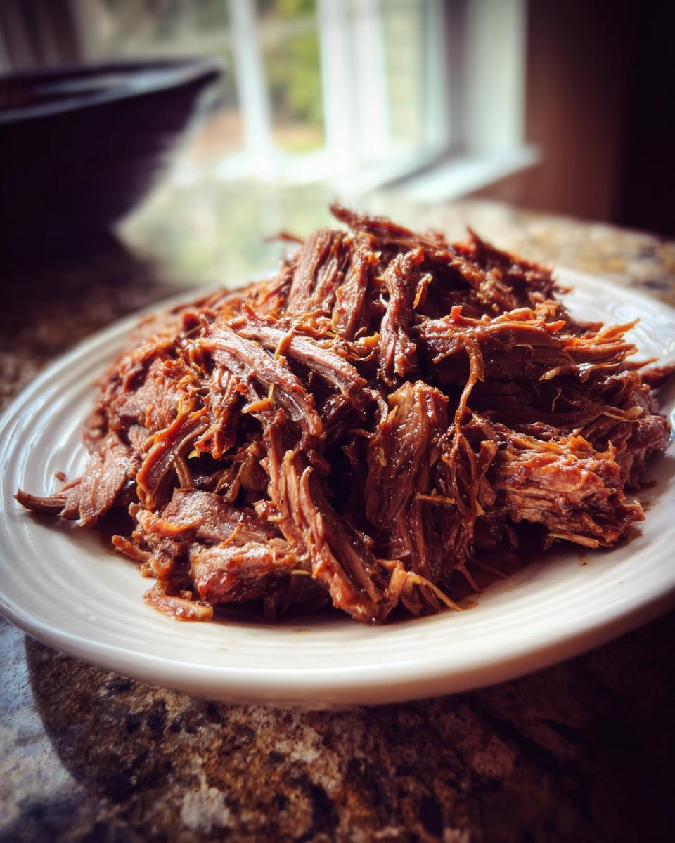 A pile of tender, shredded mississippi pot roast served on a white plate indoors.