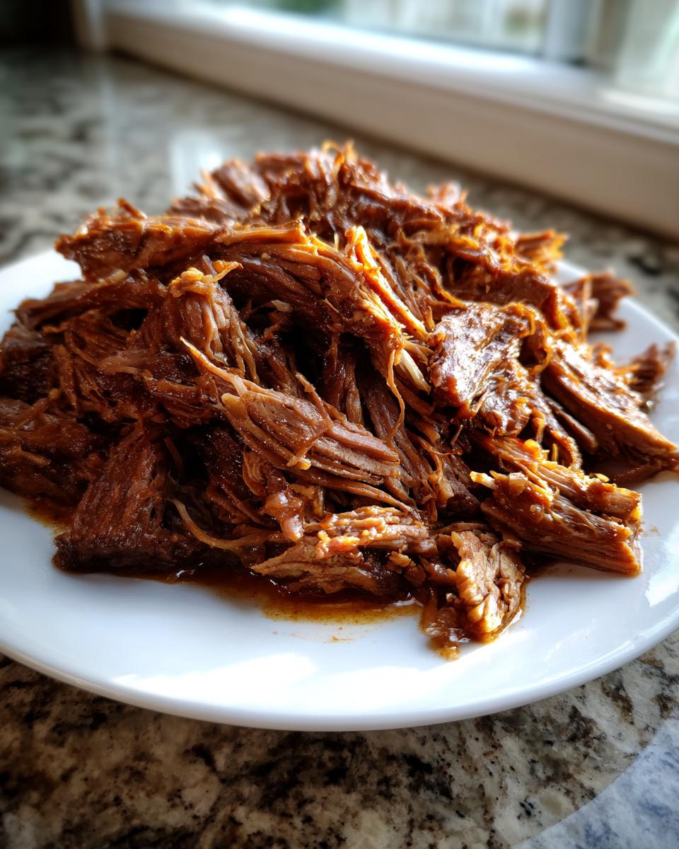 Close-up of tender, shredded Mississippi pot roast piled high on a white plate with savory juices.