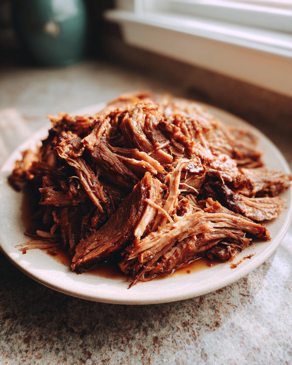 A mound of tender, shredded Mississippi pot roast piled high on a light-colored plate.