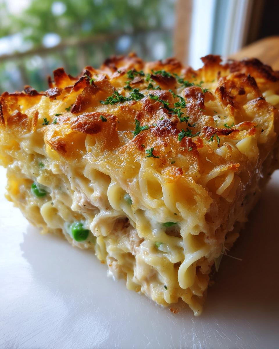 A close-up slice of creamy tuna noodle casserole featuring egg noodles, tuna, peas, and a golden, cheesy baked topping.