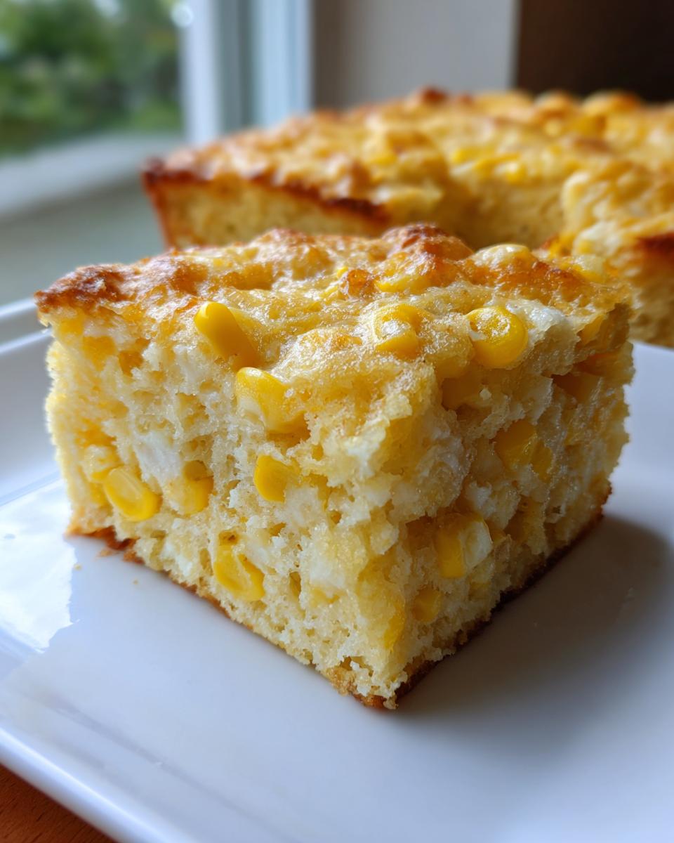 Close-up of a square slice of moist jiffy corn casserole, rich with whole corn kernels, on a white plate.