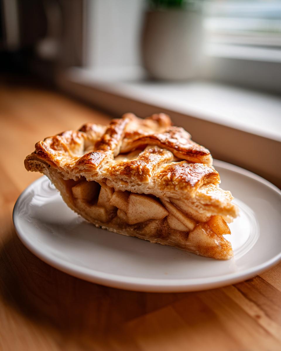 A perfect slice of apple pie showing a flaky lattice crust and thick apple filling.