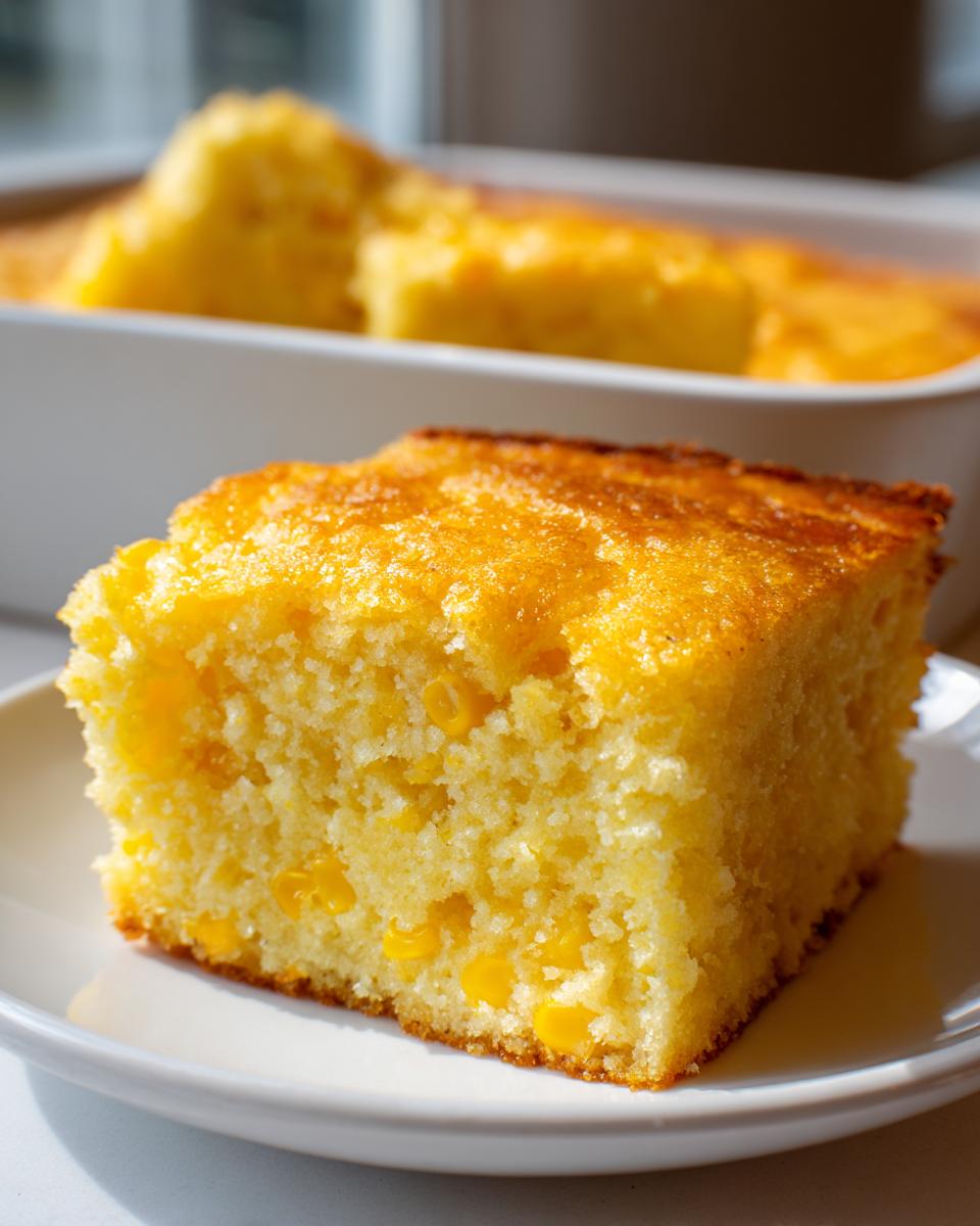 A close-up of a square slice of moist jiffy corn casserole with visible corn kernels, served on a white plate.