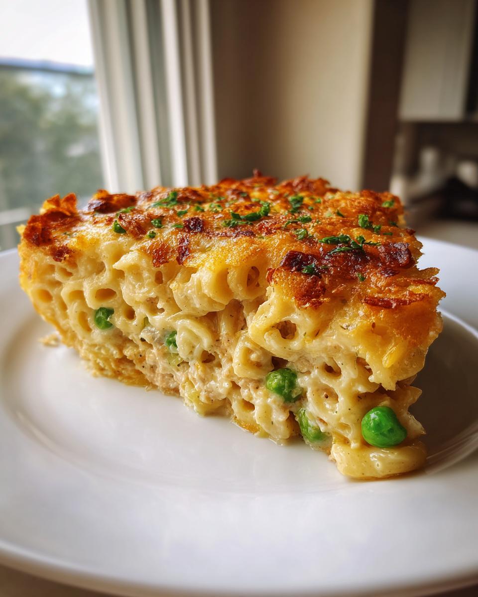 A thick slice of baked tuna noodle casserole showing elbow macaroni, creamy sauce, peas, and a golden-brown cheesy top.