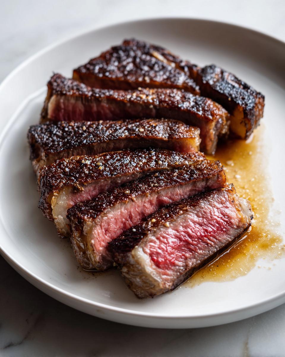 Close-up of a perfectly cooked ribeye steak, sliced to show a medium-rare center and dark, seasoned crust.