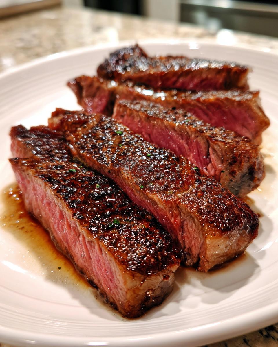 Close-up of a perfectly seared and sliced ribeye steak showing a deep pink, medium-rare center.