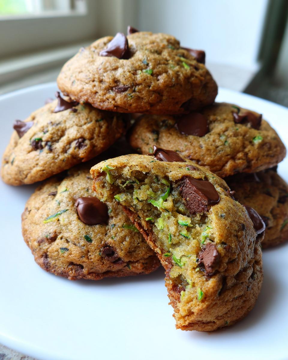 A stack of freshly baked zucchini cookies topped with melted chocolate chips, one cookie broken open showing the moist interior.