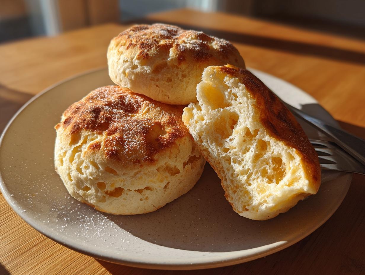 Three golden-brown sourdough english muffins on a plate, one split open revealing many nooks and crannies.