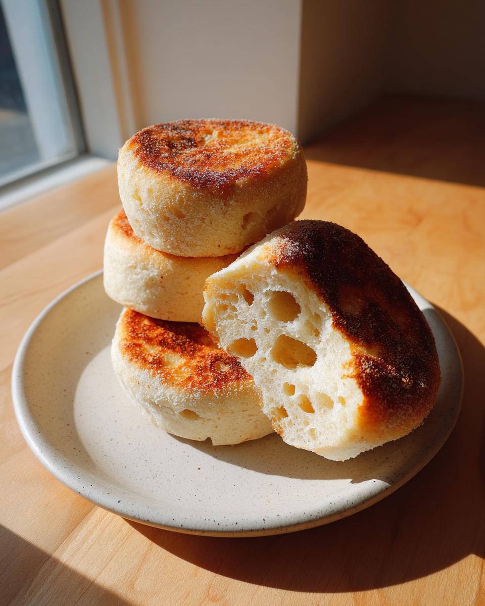 A stack of golden sourdough english muffins, one split open to show the signature nooks and crannies.