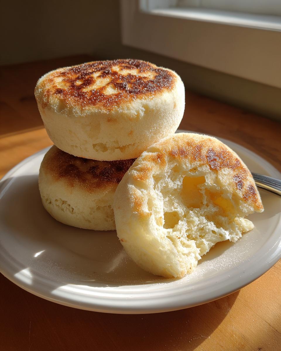 Three golden-brown sourdough english muffins stacked on a white plate, one broken open showing the interior nooks.