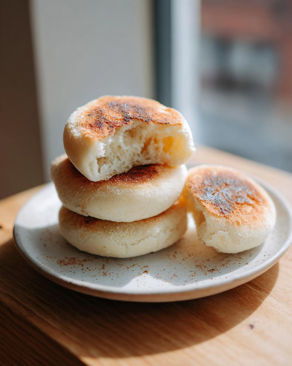 A stack of three golden-brown sourdough english muffins on a plate, one with a bite showing the airy interior.