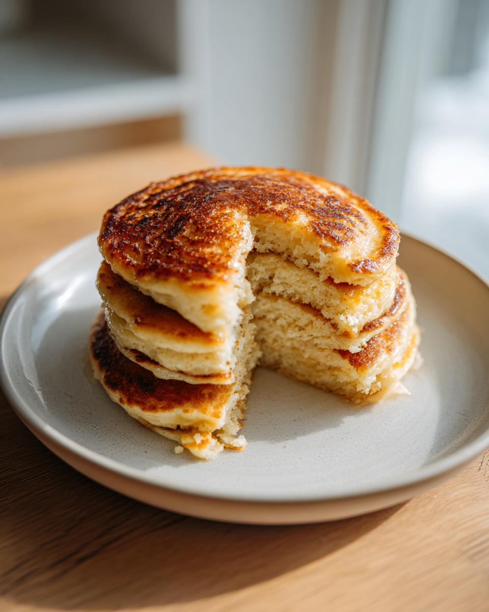 Close-up of a tall stack of fluffy oatmeal pancakes on a light plate, with a piece removed to show the texture.