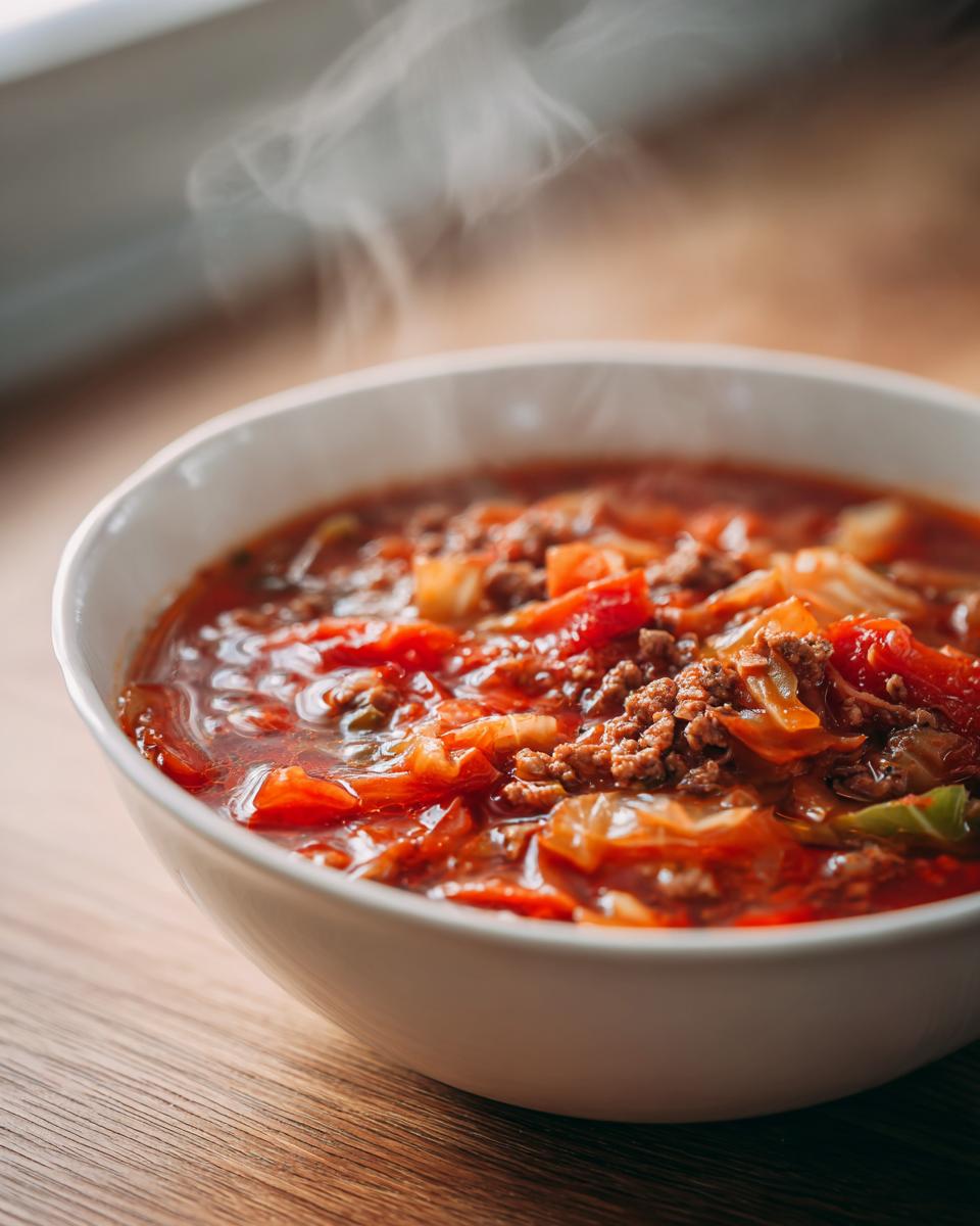 Close-up of a steaming white bowl filled with rich, red cabbage soup containing ground meat and large pieces of cabbage.