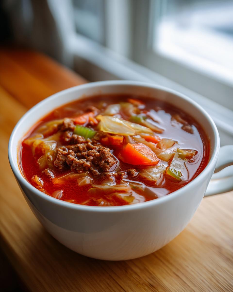 Close-up of a white mug filled with hot cabbage soup, featuring ground beef, carrots, and cabbage chunks.