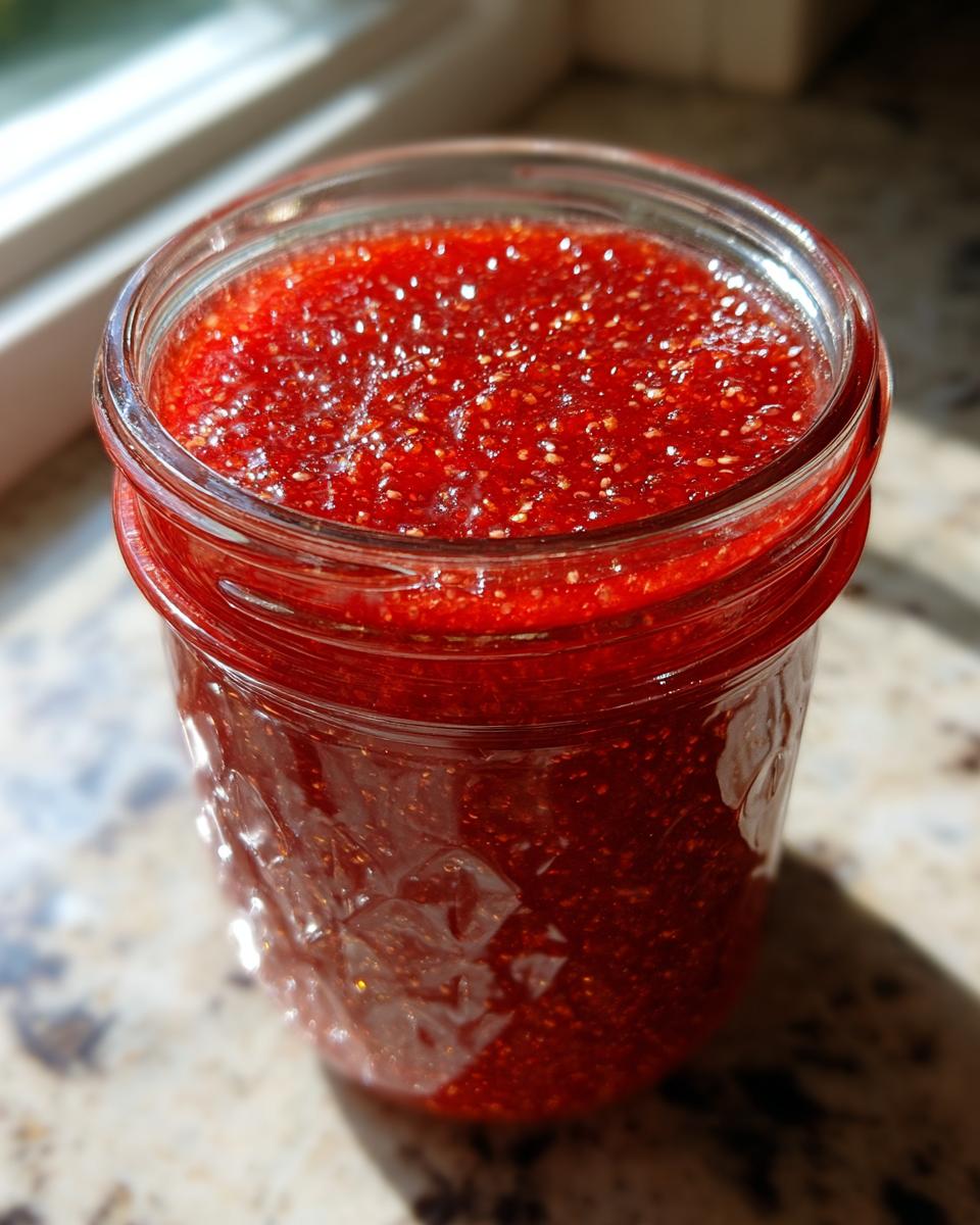 Close-up of a glass jar filled with bright red strawberry freezer jam, showing seeds.