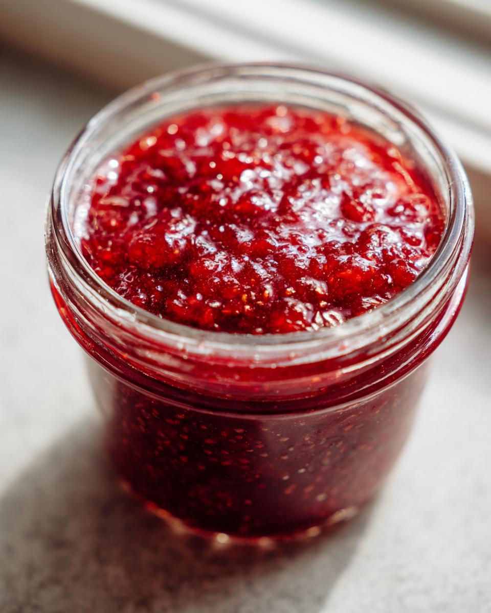 Close-up of a glass jar filled with vibrant, chunky strawberry freezer jam, glistening in the light.