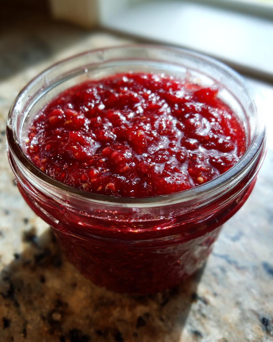 Close-up of vibrant red strawberry freezer jam filling a small glass jar on a speckled countertop.