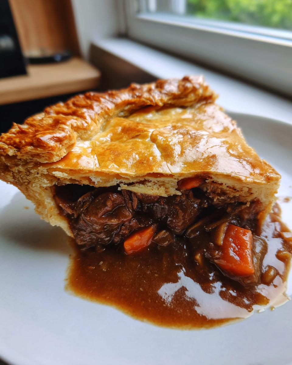 A close-up of a slice of savory meat pie showing rich filling and a flaky golden crust, with gravy spilling onto the plate.