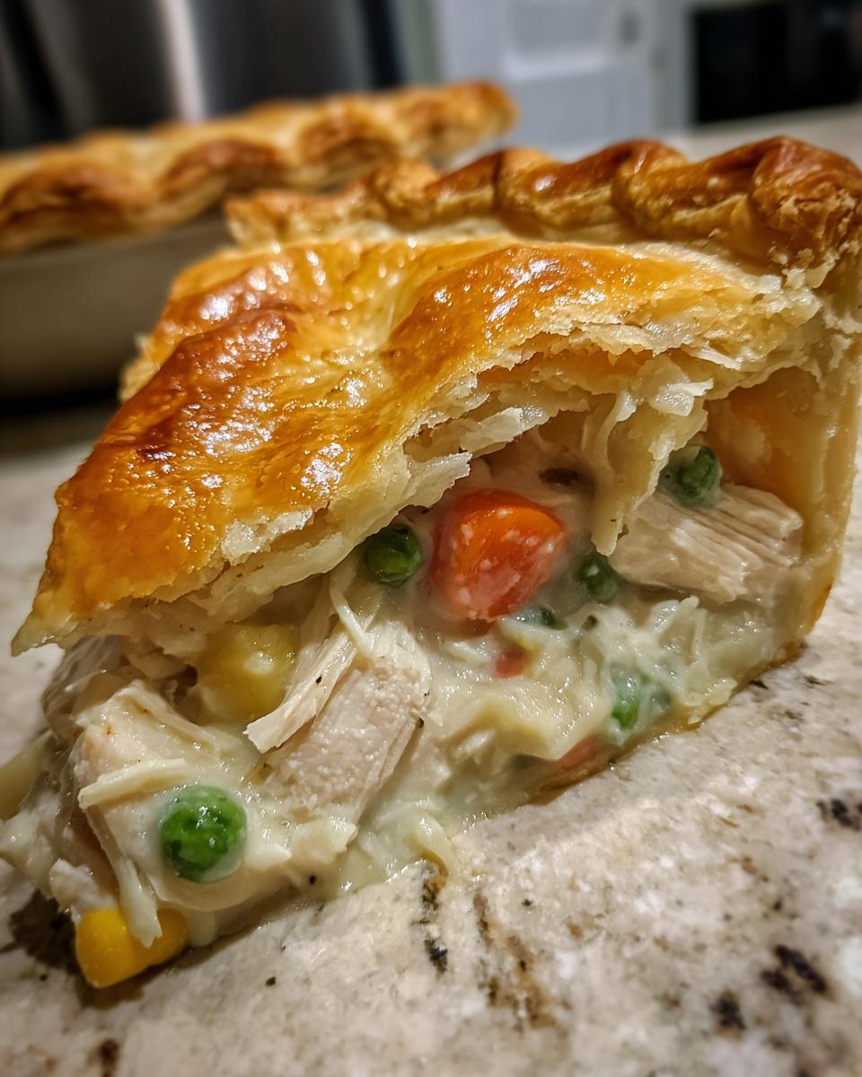 Close-up of a slice of chicken pot pie showing flaky crust and creamy filling with chicken, peas, and carrots.
