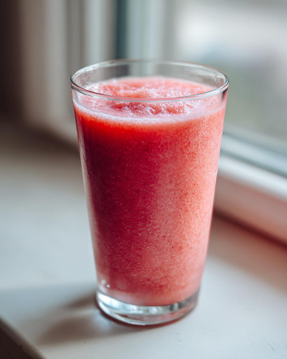 Close-up of a tall glass filled with a vibrant, icy watermelon smoothie resting on a windowsill.