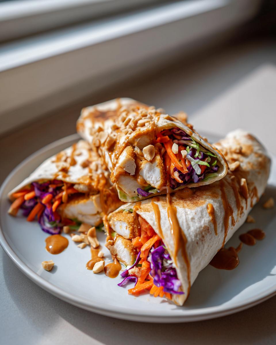 Two halves of a thai peanut chicken wrap filled with crispy chicken, shredded carrots, and purple cabbage, drizzled with peanut sauce.