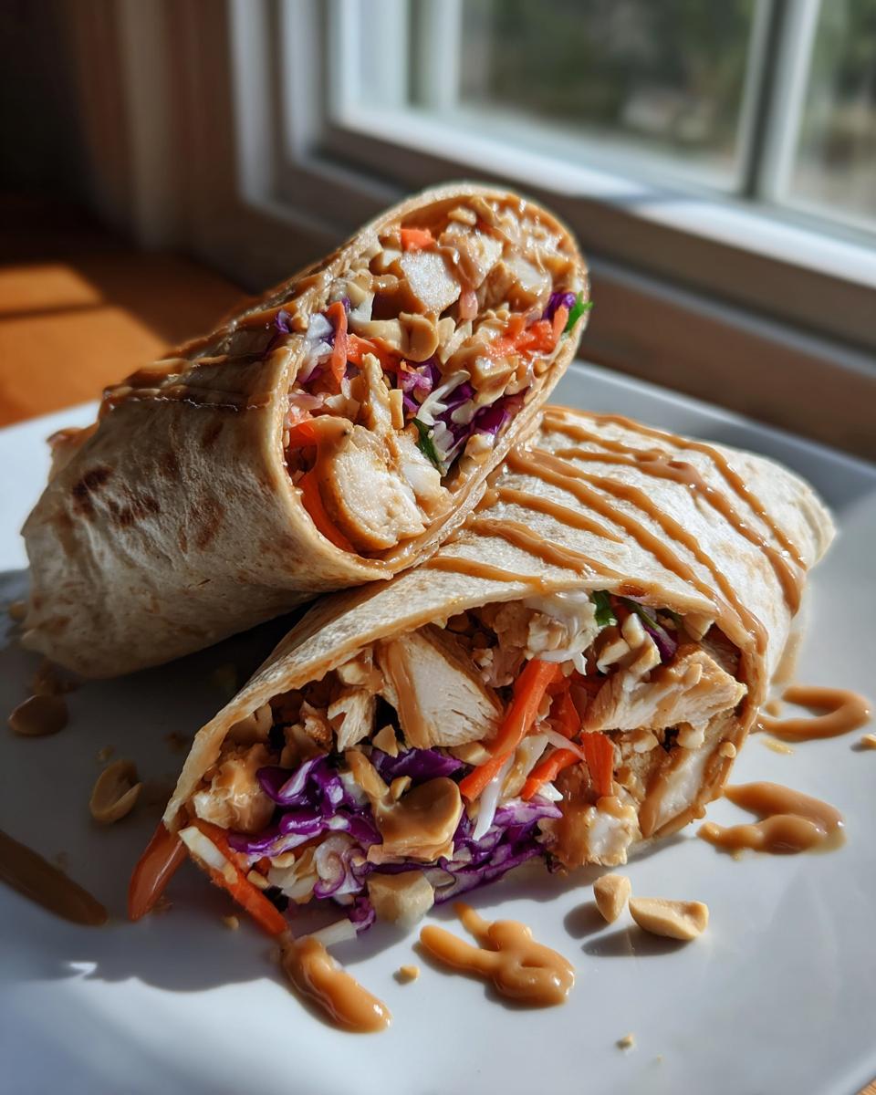 Two halves of a thai peanut chicken wrap, showing chicken, shredded carrots, and purple cabbage, drizzled with peanut sauce.
