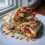 Two halves of a thai peanut chicken wrap filled with chicken, carrots, and cabbage, drizzled with peanut sauce.