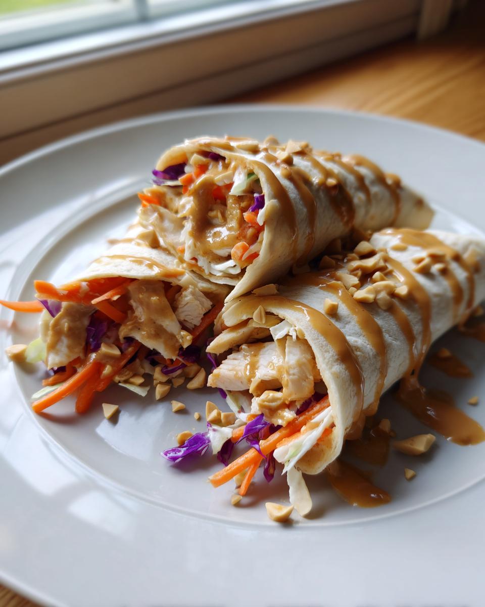Three servings of thai peanut chicken wrap filled with chicken and colorful slaw, drizzled heavily with peanut sauce and topped with chopped peanuts.