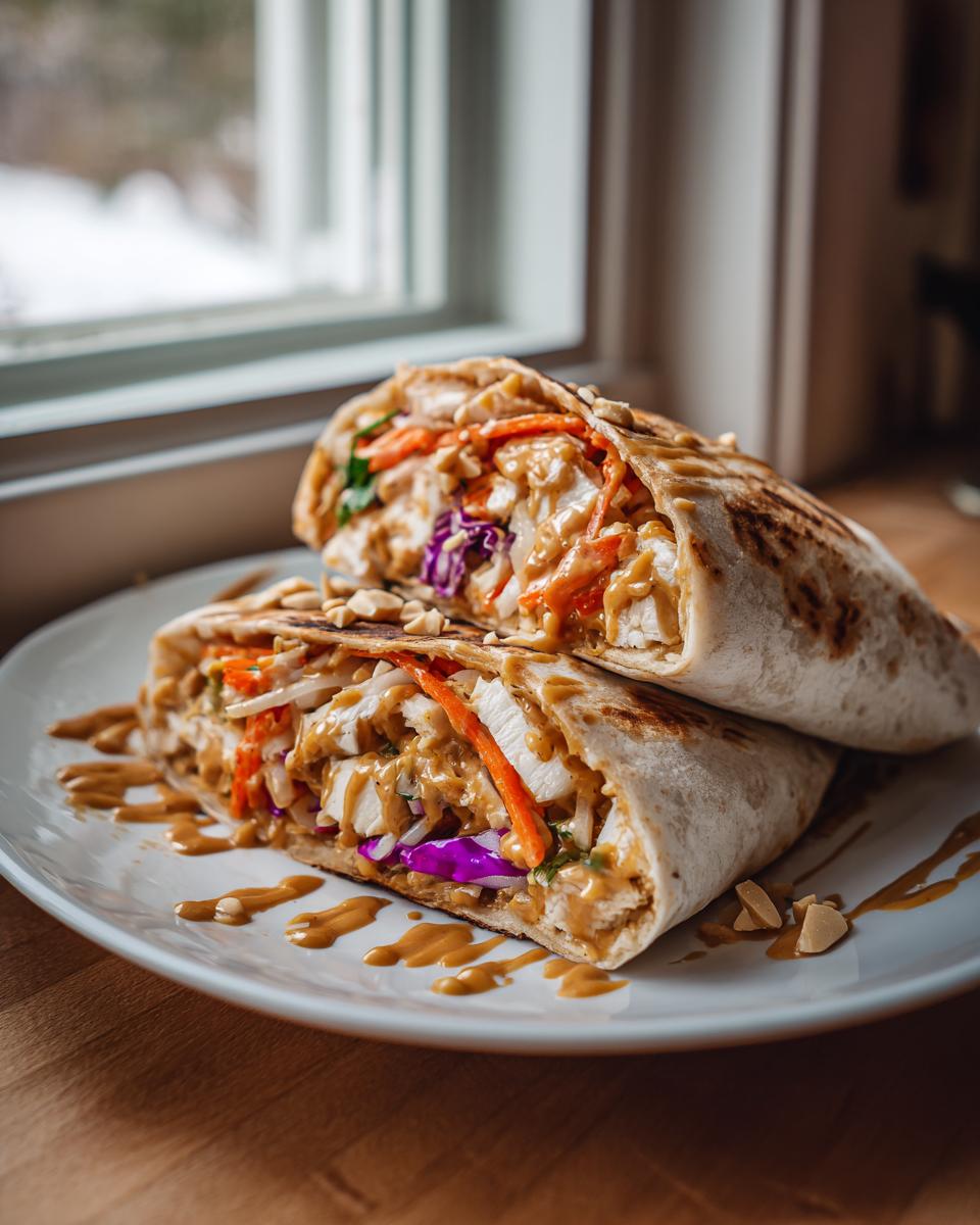 Two halves of a grilled thai peanut chicken wrap filled with chicken, carrots, and purple cabbage, drizzled with peanut sauce.