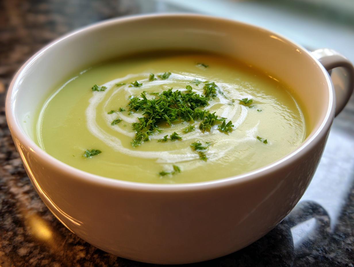 Close-up of creamy, light green celery soup garnished with a swirl of cream and fresh parsley.