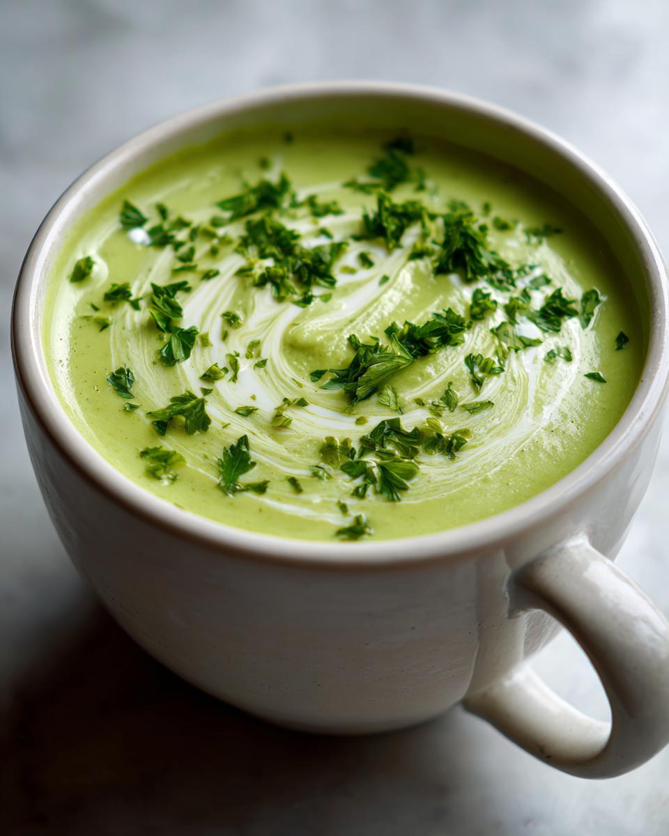 Close-up of a bowl of vibrant green, velvety celery soup, garnished with a swirl of cream and fresh chopped parsley.