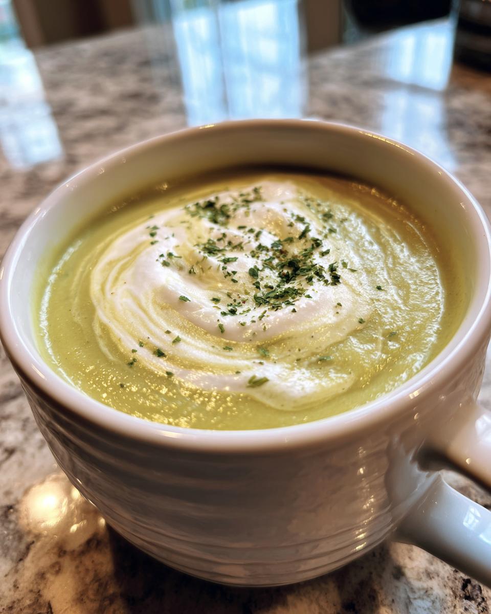 Close-up of velvety celery soup in a white mug, topped with a cream swirl and parsley.