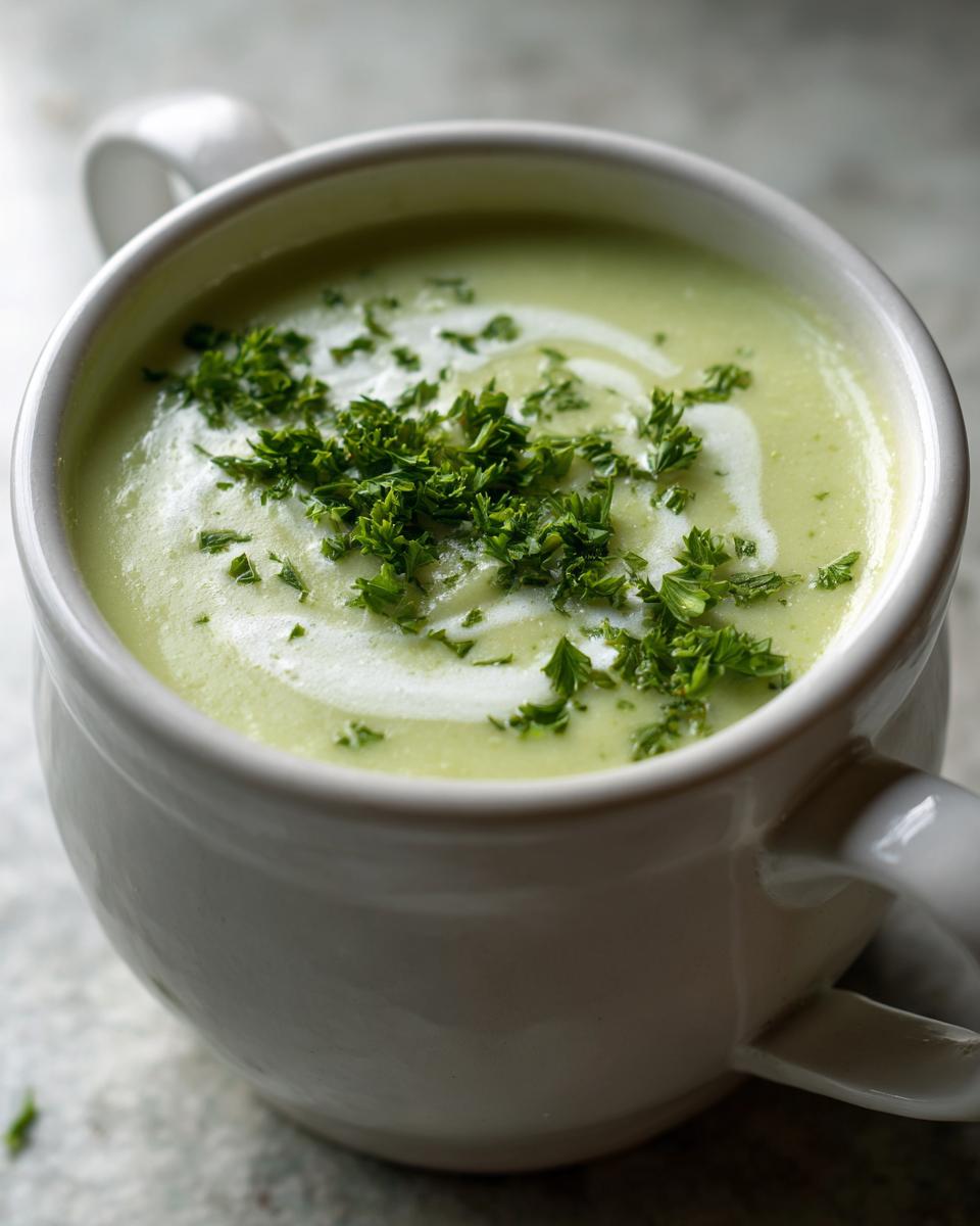 Close-up of a creamy, light green celery soup in a white mug, garnished with fresh parsley.
