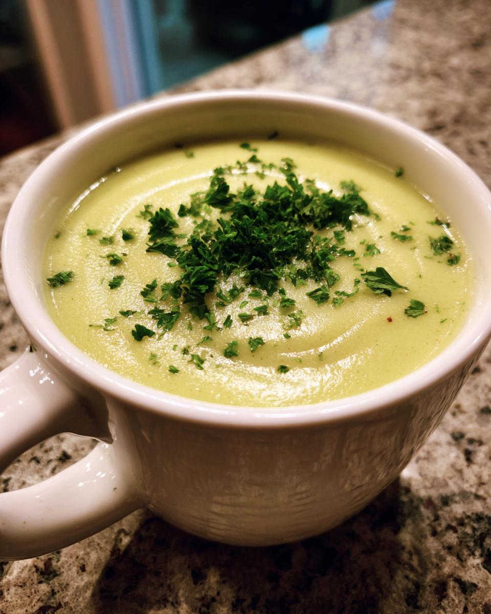 Close-up of a white mug filled with smooth, light green celery soup, topped with chopped fresh parsley.