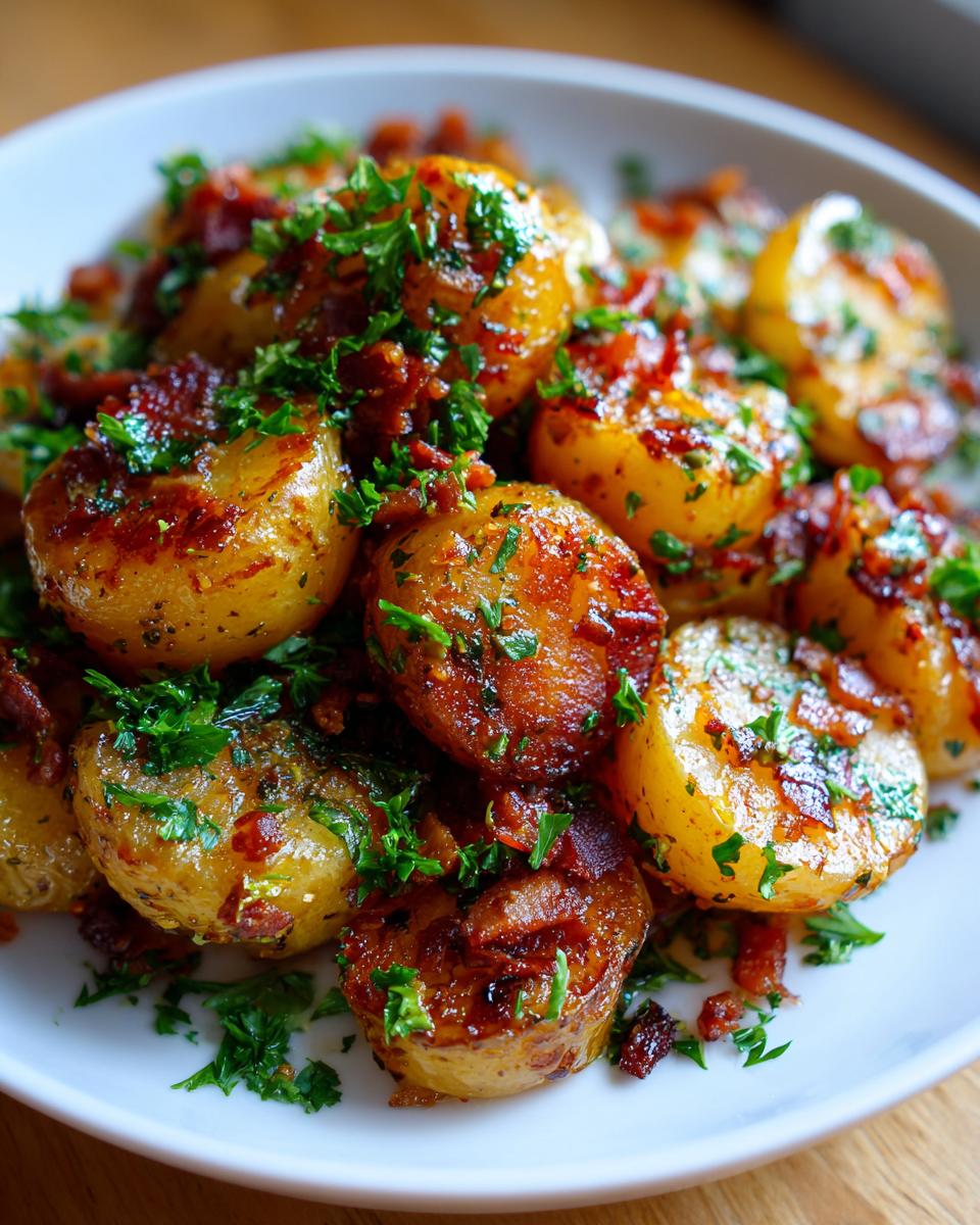 Close-up of warm german potato salad featuring glazed potatoes, crispy bacon bits, and fresh parsley.