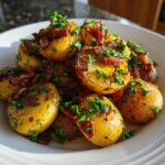 Close-up of warm german potato salad featuring small, glossy potatoes topped with crispy bacon bits and fresh parsley.