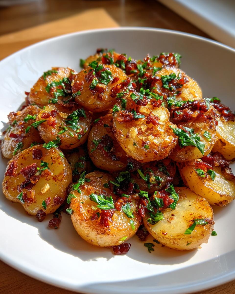 Close-up of warm german potato salad featuring pan-fried potatoes topped with crispy bacon bits and fresh parsley.