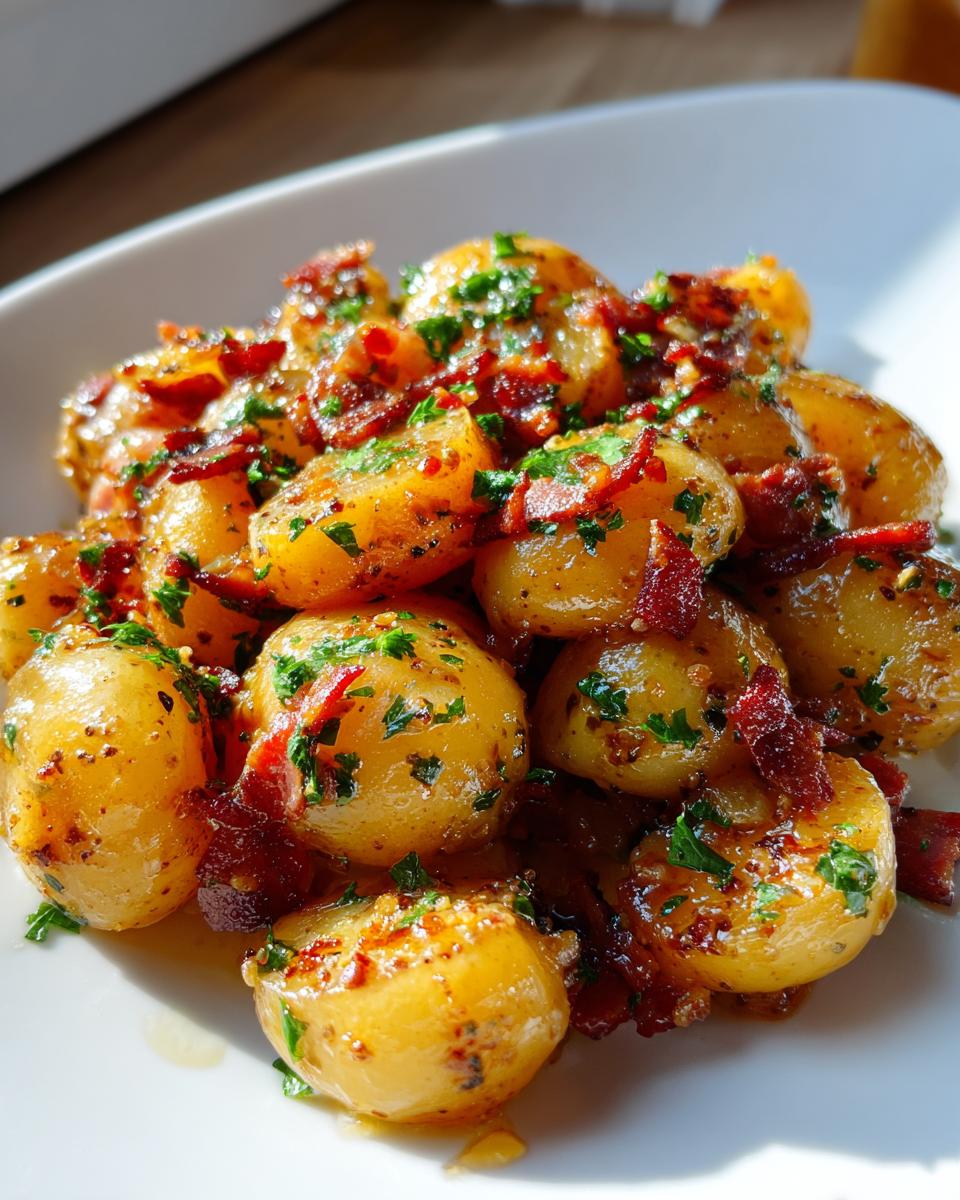 Close-up of warm german potato salad featuring small yellow potatoes tossed in a savory dressing with bacon bits and fresh parsley.