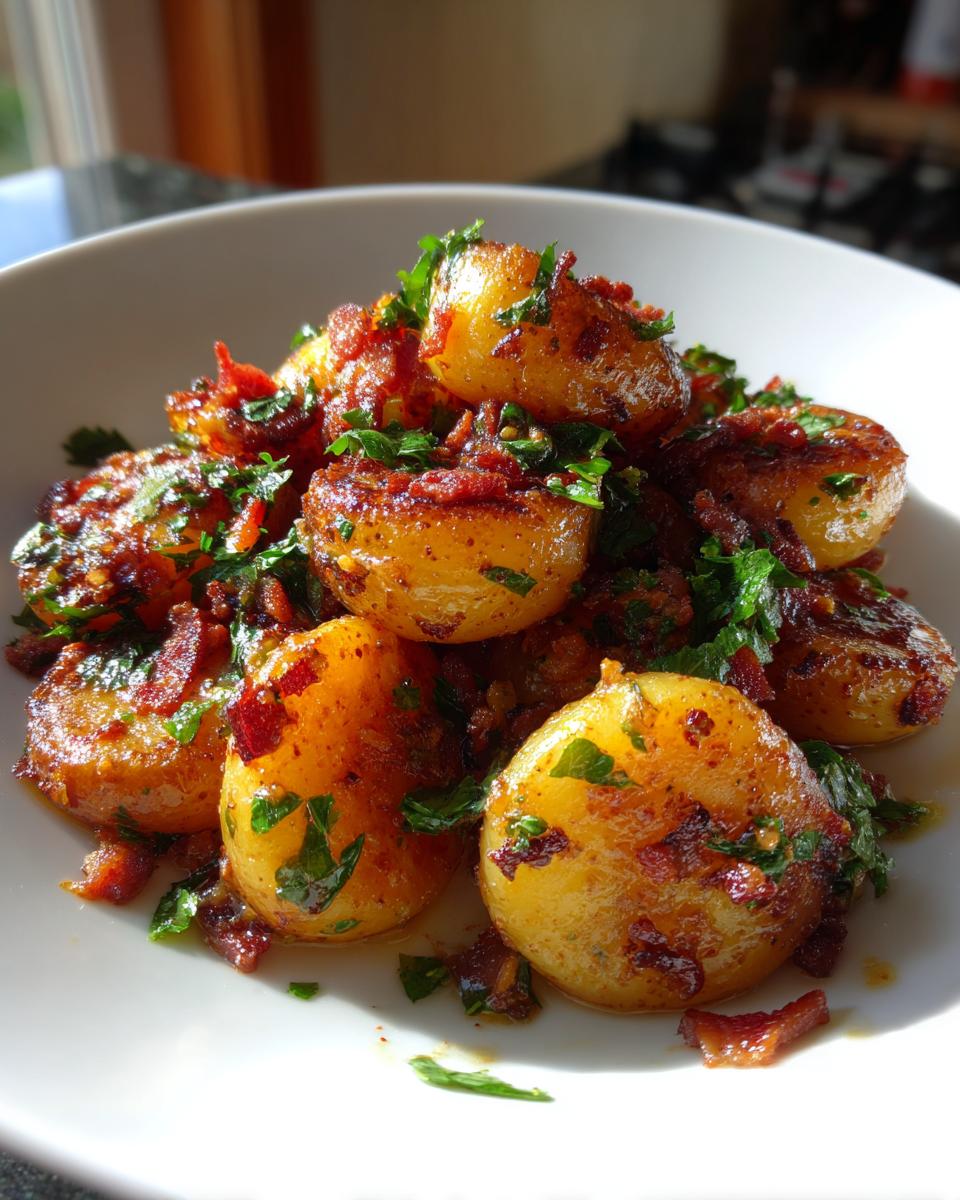 Close-up of warm german potato salad featuring roasted potatoes tossed with crispy bacon bits and fresh parsley.